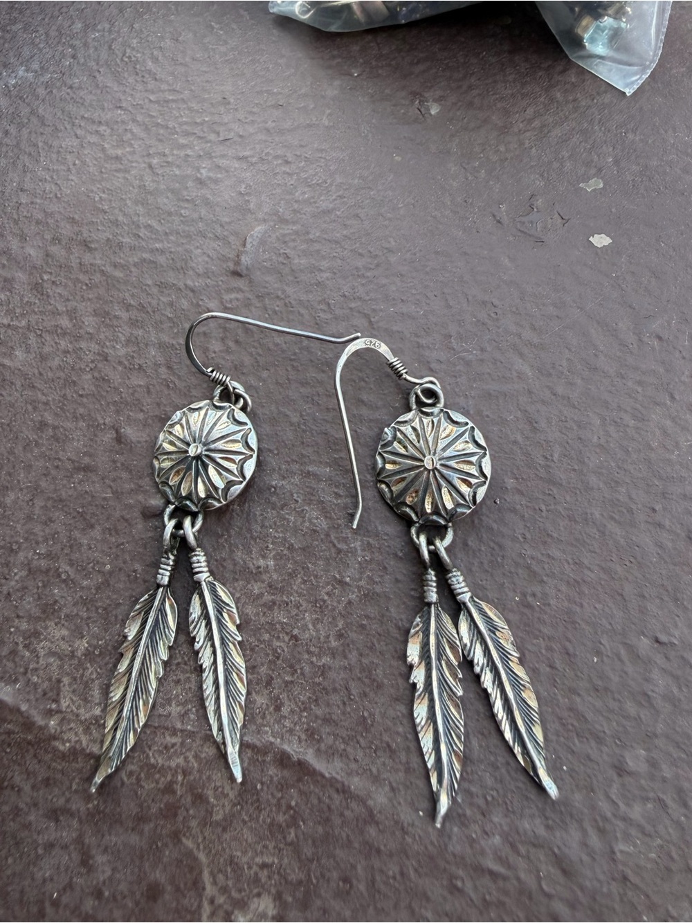 STERLING SILVER 925 Navajo Flower Concho Feather Dangle Drop Earrings #390